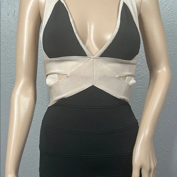 Bebe Elegant Black and Cream Bandage Bodycon Dress Women's Size XS - Picture 3 of 10
